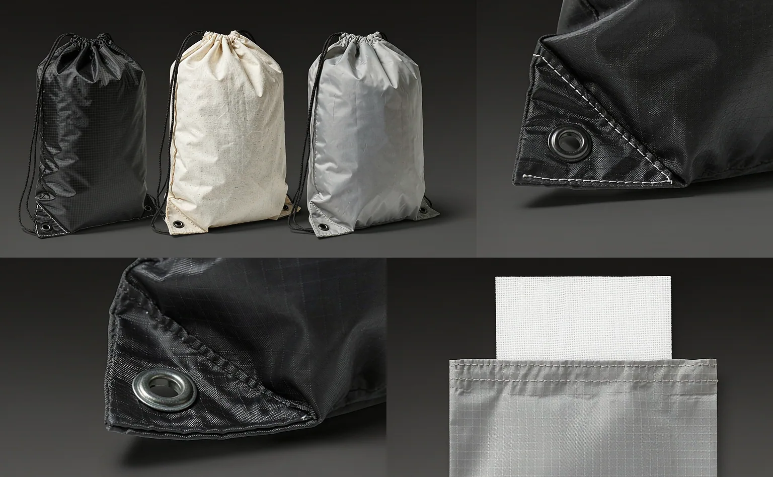 Six custom bag categories laid out on a specification table: cooler, camera, team kit, wine, neoprene and drawstring